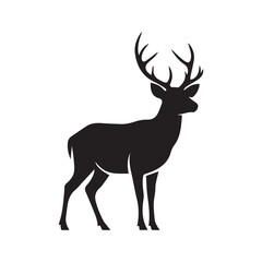 Minimalist black deer icon – stylized silhouette of standing deer with bold antlers and alert stance for wildlife design, nature visuals, and forest-themed graphics.