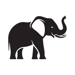 Minimalist black elephant icon – stylized silhouette of standing elephant with raised trunk, tusks, and bold ears for wildlife design, nature visuals, and strength-themed graphics.