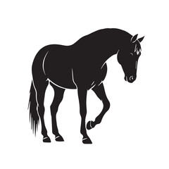 Minimalist black horse icon – stylized silhouette of elegant horse with lowered head, raised leg, and flowing mane for wildlife design, equestrian visuals, and graceful-themed graphics.