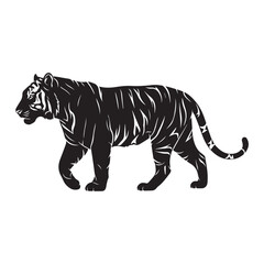 Minimalist black tiger icon – stylized silhouette of walking tiger with bold stripes and muscular form for wildlife design, jungle visuals, and strength-themed graphics.