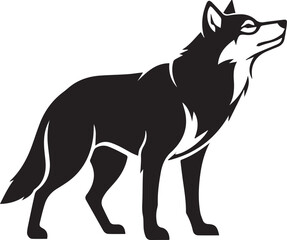 Minimalist black wolf icon – stylized silhouette of upward-looking wolf with bold fur contrast for wilderness design, nature visuals, and strength-themed graphics.