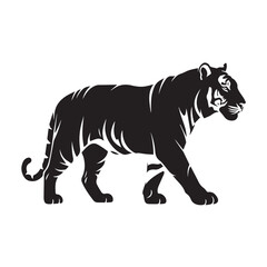 Minimalist black tiger icon – stylized silhouette of walking tiger with bold stripe detail for wildlife design, jungle visuals, and power-themed graphics.