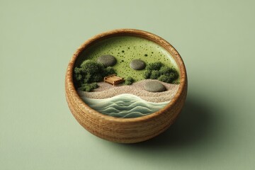 minimal cup of matcha with tiny zen garden raked inside, surreal wellness style