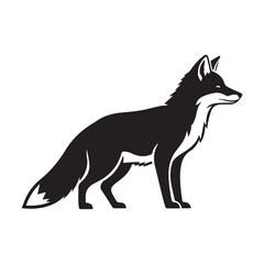 Minimalist black fox icon – stylized silhouette of standing fox with pointed ears and bushy tail for wildlife design, nature visuals, and forest-themed graphics.