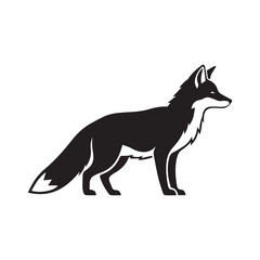 Minimalist black fox icon – stylized silhouette with pointed ears, bushy tail, and white accents for wildlife design, nature visuals, and forest-themed graphics.