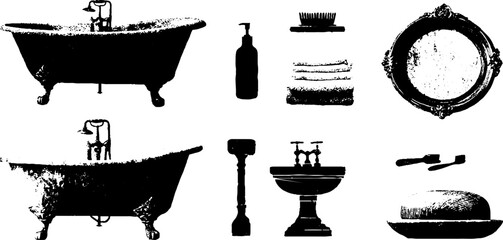 Vintage grunge linocut bathtub and bathroom accessory set for design and decor
