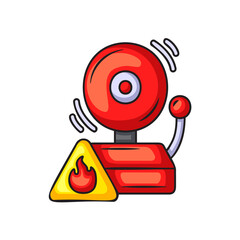 Cartoon Style Fire Alarm Bell With Flames Warning Sign Alert Signal Safety Warning Device