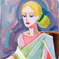 Expressionist portrait of blonde haired woman sitting 