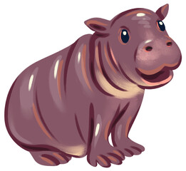 Cartoon Style Pygmy Hippo Illustration with Textured Purple Skin and Rounded Features Sitting on Transparent Background