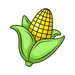 Cartoon Style Yellow Corn Cob with Green Husk Isolated on Transparent Background