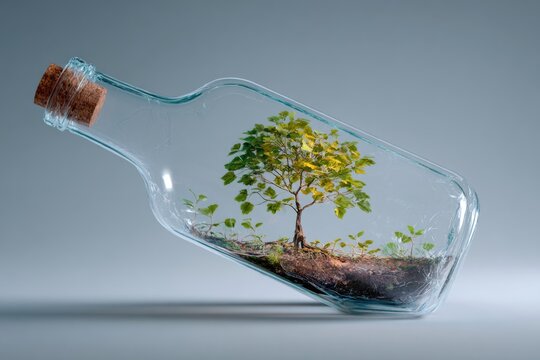 transparent bottle with tiny tree sprouting inside, surreal eco concept