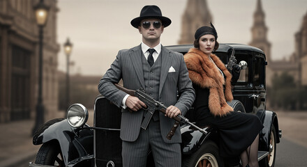 1920s gangster couple in elegant clothes and armed poses in front of a vintage car evoking the Prohibition era