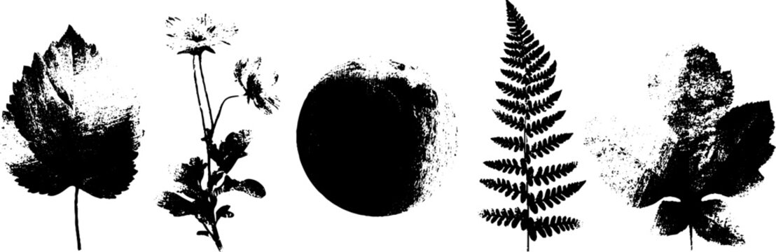 Black and white grunge linocut illustration set featuring leaves and roots for design projects