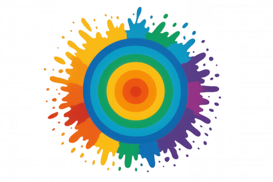 Rainbow concentric circles with colorful paint splatters, illustrating target, creativity, and unity on transparent background