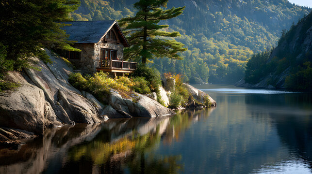Secluded cabin overlooking mountain lake with peaceful reflection 