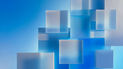 Abstract modern composition of transparent and opaque blue squares floating against a gradient blue background with soft lighting effects and shadows