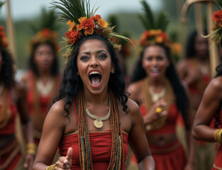 Close-up of a Maori Tīpuna dancer performing a haka or kapa haka, embodying spiritual strength (mana), joy, and cultural heritage