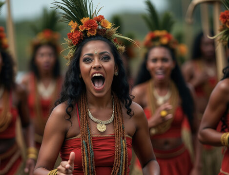 Close-up of a Maori Tīpuna dancer performing a haka or kapa haka, embodying spiritual strength (mana), joy, and cultural heritage