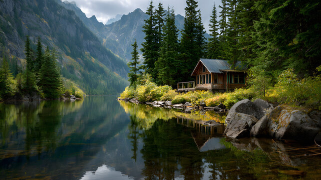 Secluded cabin overlooking mountain lake with peaceful reflection