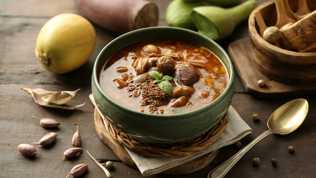 Nigerian dishes - Ogbono soup - made from ogbono seeds (the seed of the African mango), traditional spices, several types of meat and palm oil.