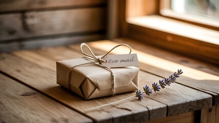 Rustic wrapped gift box with lavender sprig on wooden surface
