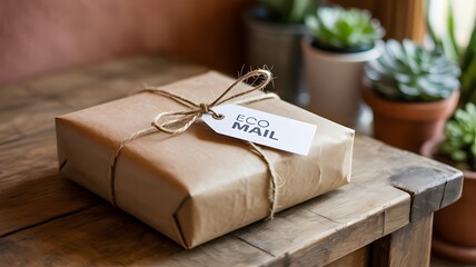 Brown paper wrapped gift box tied with twine and tag