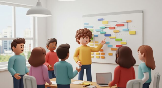 3D stylized cartoon of business team collaborating around flowchart diagram in office meeting room