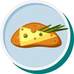 A Simple Slice of Bread Topped with Cheese and Green Onions on a Light Blue Circular Background