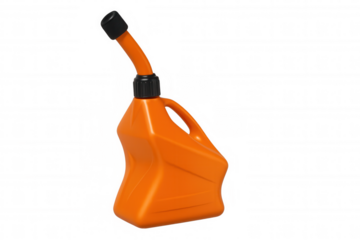Orange plastic gas can with spout, holding fuel or gasoline for vehicles and equipment, transparent background