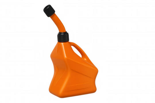 Orange plastic gas can with spout, holding fuel or gasoline for vehicles and equipment, transparent background
