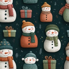 Snowmen with gifts decorate a festive design showcasing winter cheer and holiday spirit for seasonal celebrations