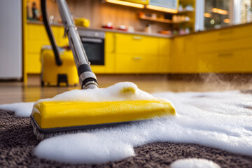 Fototapeta premium Floor cleaning with a yellow scrub brush in a modern kitchen