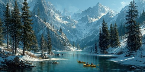 Kayakers explore a tranquil mountain lake surrounded by snow-capped peaks and evergreen trees during a sunny afternoon