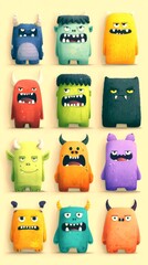 Collection of cartoon monsters in various expressions and designs on a neutral background
