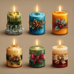 Decorative candles in various colors and designs create a warm ambiance for festive occasions and celebrations
