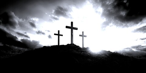 Sunset silhouettes of crosses on a hill with clouds in the background during hour