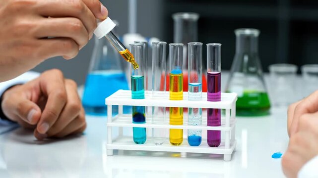 Two scientists in a laboratory are conducting an experiment with colorful liquids in test tubes, focusing on the process of scientific research and discovery vector illustration