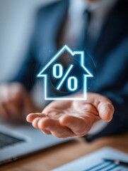 Businessman holding virtual glowing house icon with percentage symbol representing mortgage rates and real estate investment concepts in office setting