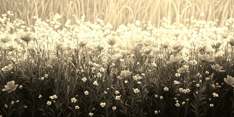floral field showcasing tulips and delicate daisies during early morning