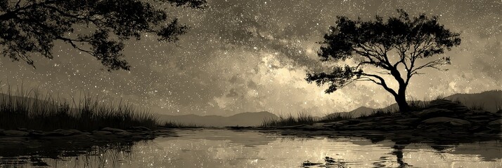Nighttime landscape with stars reflecting on water near a solitary tree under a sky