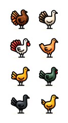 cartoon birds standing in three rows with varying designs and features showcasing diversity in appearance and style