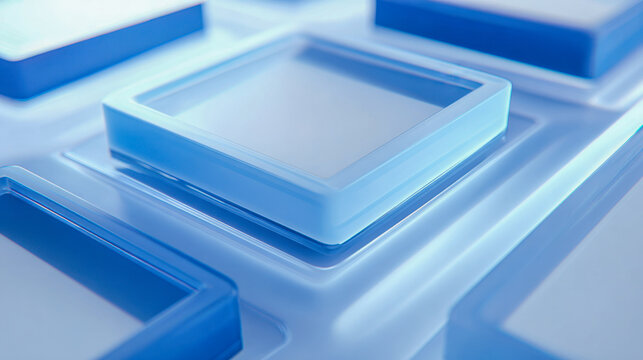 Futuristic glass-like blue rectangles with reflective surfaces arranged in a sleek modern digital design concept showcasing depth and transparency effects