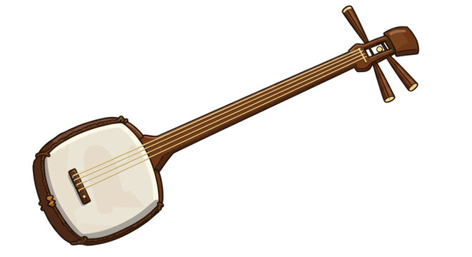 Traditional Japanese Shamisen musical instrument illustration, a three-stringed lute with a square body and long neck