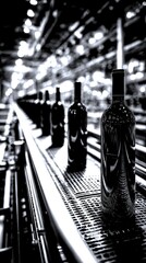 Bottles of wine on a conveyor belt in a winery during evening operation