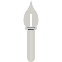 A Stylized Silver Fountain Pen Nib Tip with a Cylindrical Handle on a Transparent White Background Simple Minimalist Design for Writing and Calligraphy