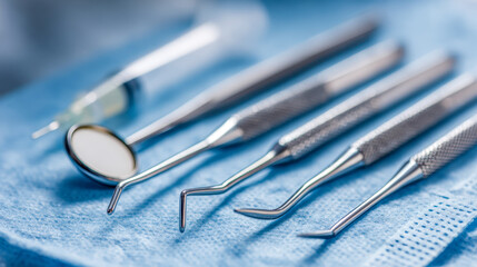 A set of shiny professional dental tools including a mirror and various angled probes arranged neatly on a blue textured cloth for oral care procedures