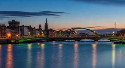 Naklejka premium Dublin at Dusk Scenic River Liffey Ireland Bridge Over Water Evening City Lights Urban Landscape European Cityscape Travel Destination Tranquil Irish Charm