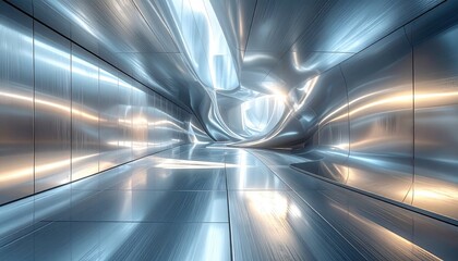 Naklejka premium Futuristic Metallic Tunnel Interior with Light and Reflection Abstract Digital Art