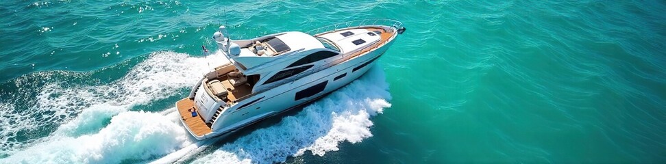 Fototapeta premium Luxury Yacht Sailing Through Turquoise Waters, Creating a Frothy Wake Under a Vibrant Sun ? Perfect for Travel, Adventure, and Lifestyle Branding