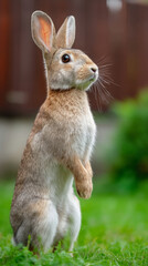 Fototapeta premium Curious rabbit standing on hind legs in a green meadow with blurred background